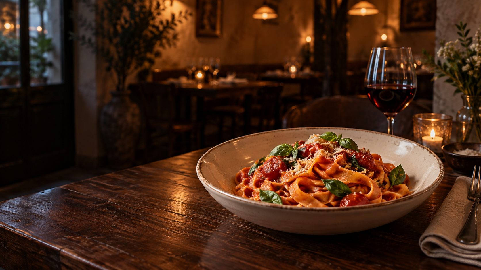 Tagliatelle fatte a mano servite nella sala di Osteria Lume